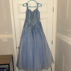 Mon Cheri Dusty Blue Lace Appliqué Sparkle Ball Gown